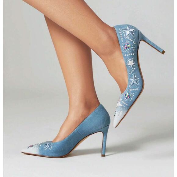 NEW Blue Jean Sparkly Rhinestone Star Embellished Denim Stiletto Heels - Picture 4 of 14